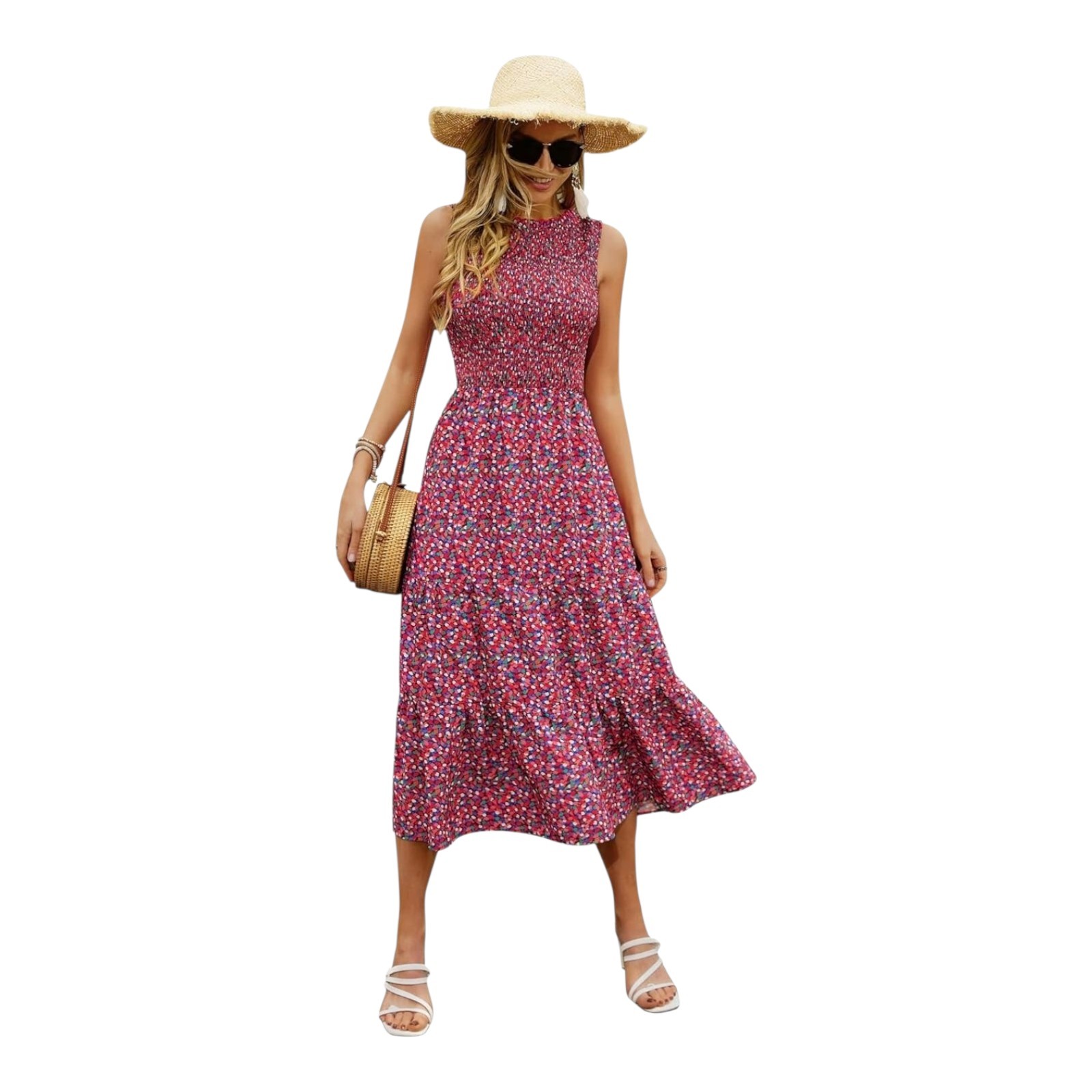 Kate Kasin Summer Dress for Women A-Line Elegant Midi Ruffled Neck Floral Size: 2XL