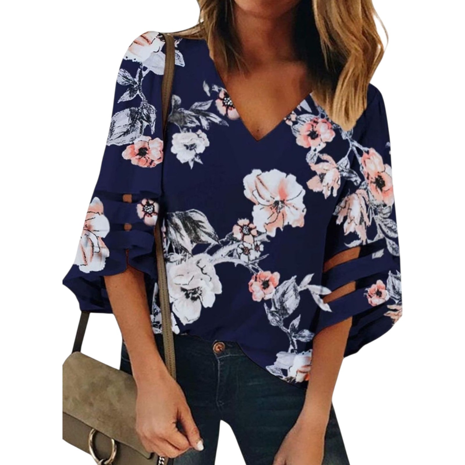 Women Floral V Neck Shirt Top Bell Sleeve Blouse Mesh Panel Casual Size 2XL